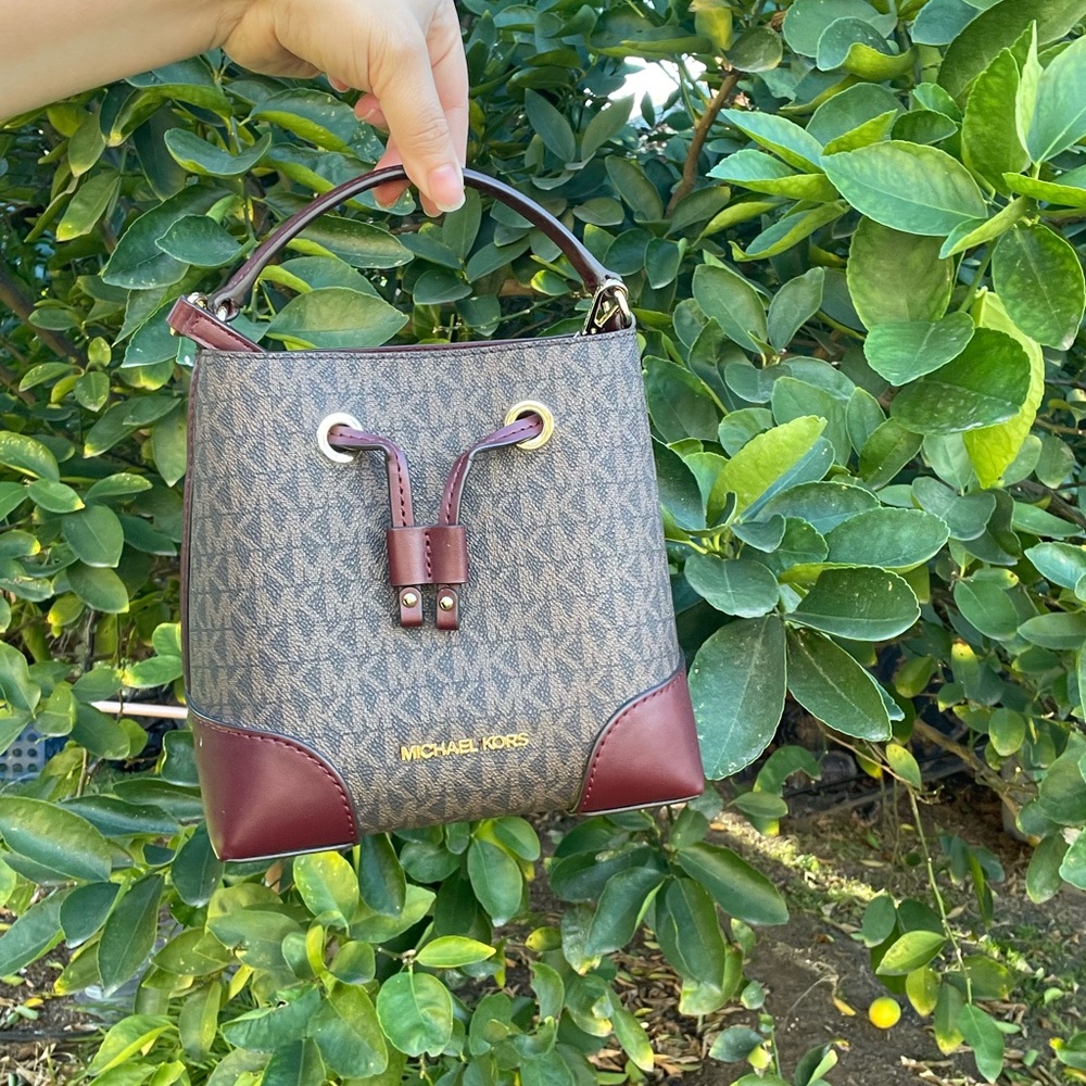 Michael Kors Burgundy and Brown Mini Bucket Bag